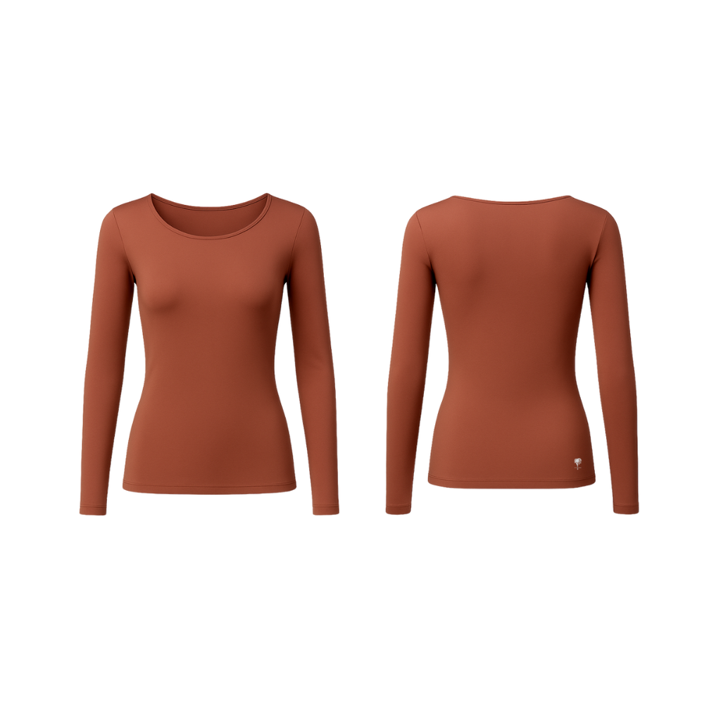 Minimalist long-sleeve seamless top in rich cinnamon clay shade, front and back view on white background — smooth, sculpting fit with The Palm logo detail.