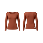Minimalist long-sleeve seamless top in rich cinnamon clay shade, front and back view on white background — smooth, sculpting fit with The Palm logo detail.