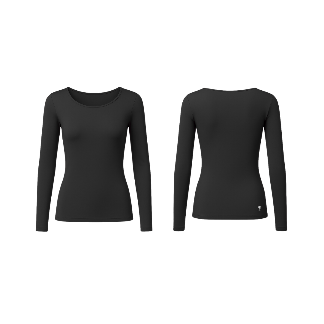 Minimalist long-sleeve seamless top in rich jet black shade, front and back view on white background — smooth, sculpting fit with The Palm logo detail.