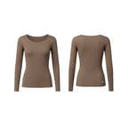 Minimalist long-sleeve seamless top in rich mocha taupe shade, front and back view on white background — smooth, sculpting fit with The Palm logo detail.