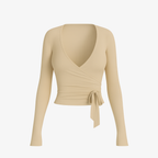 Neutral Beige WrapLuxe™ long sleeve, featuring a smooth wrap-front and premium buttery-soft texture by The Palm.