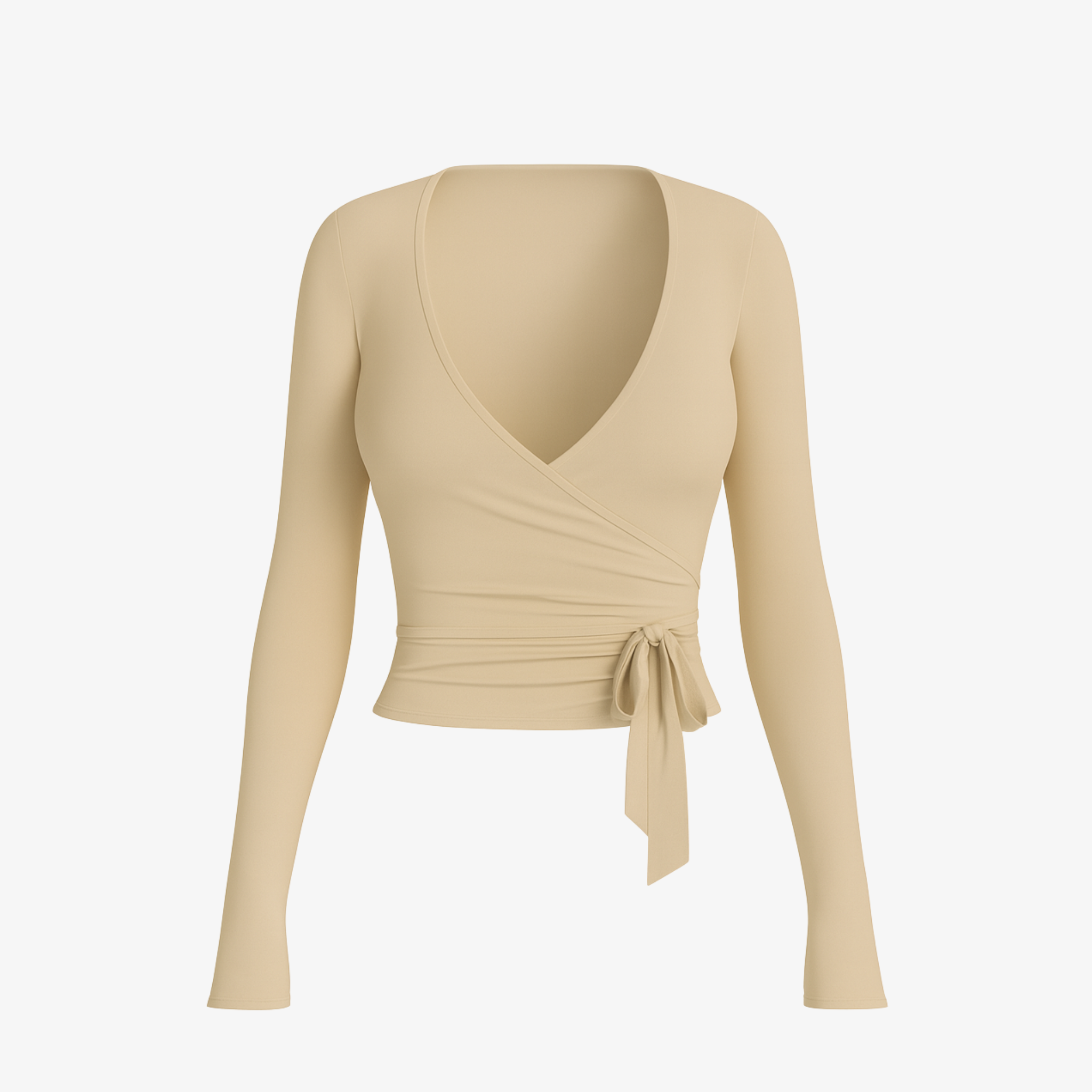Neutral Beige WrapLuxe™ long sleeve, featuring a smooth wrap-front and premium buttery-soft texture by The Palm.