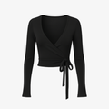 Sleek Jet Black WrapLuxe™ long sleeve top by The Palm, featuring a sculpting wrap design and buttery soft second-skin feel.