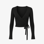 Sleek Jet Black WrapLuxe™ long sleeve top by The Palm, featuring a sculpting wrap design and buttery soft second-skin feel.