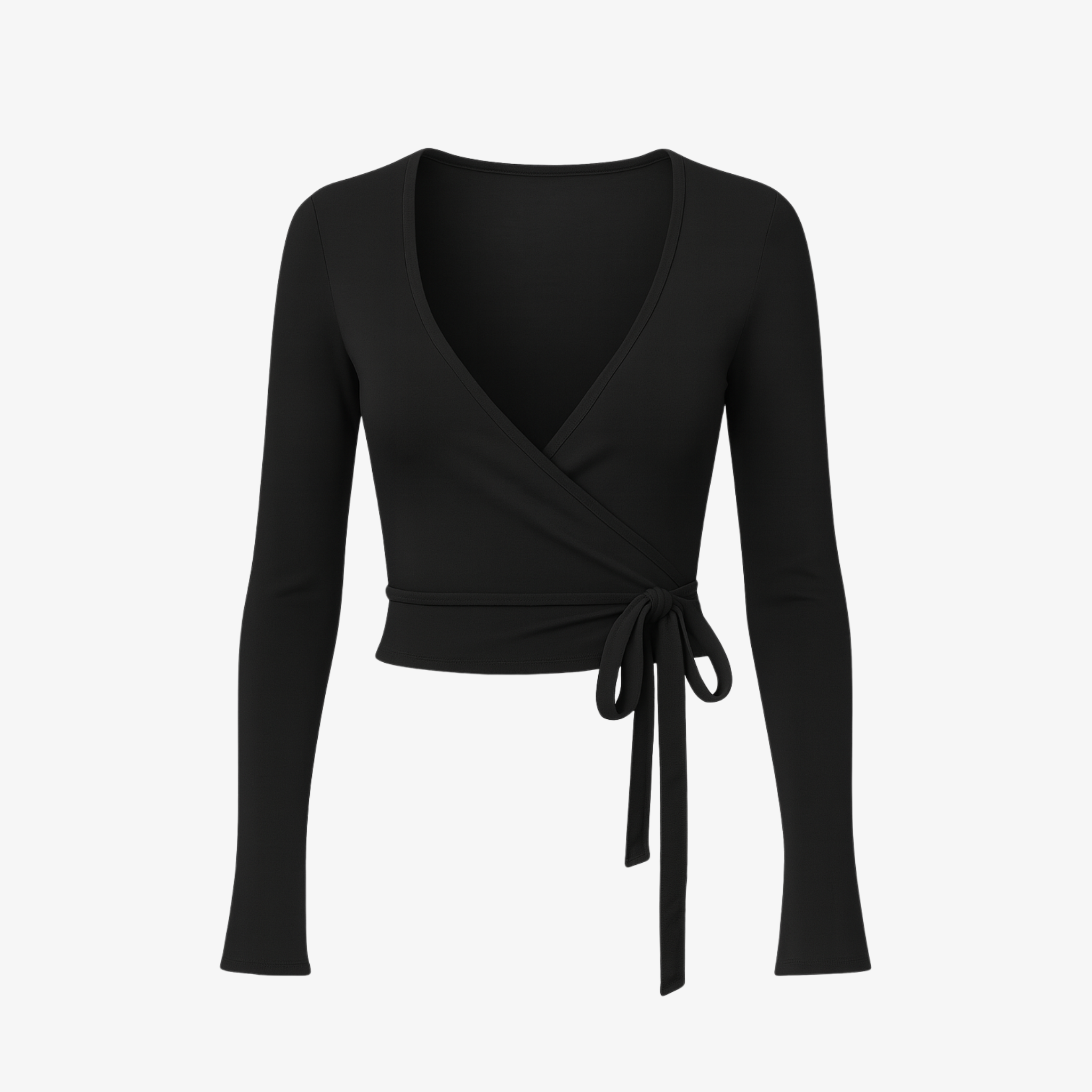 Sleek Jet Black WrapLuxe™ long sleeve top by The Palm, featuring a sculpting wrap design and buttery soft second-skin feel.