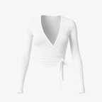 Minimalist White WrapLuxe™ wrap top with a feminine silhouette, made from breathable nylon-spandex for effortless flow.