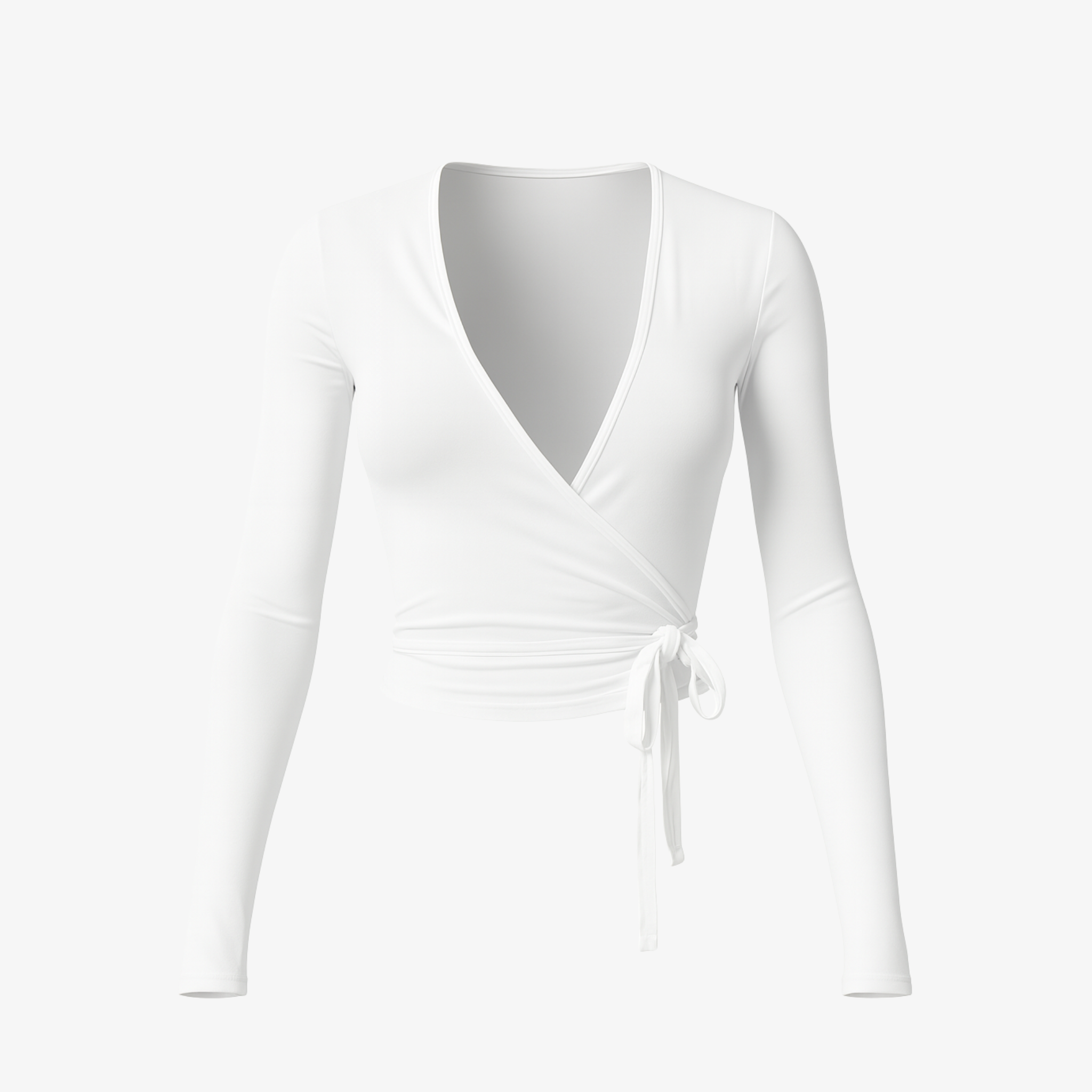 Minimalist White WrapLuxe™ wrap top with a feminine silhouette, made from breathable nylon-spandex for effortless flow.