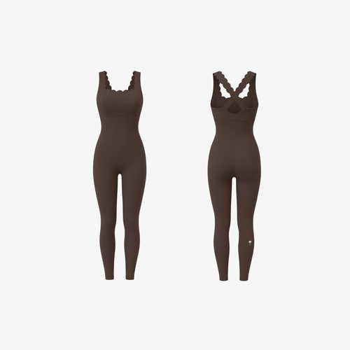 CloudBloom™ Suit ribbed scalloped cross back activewear unitard in brown