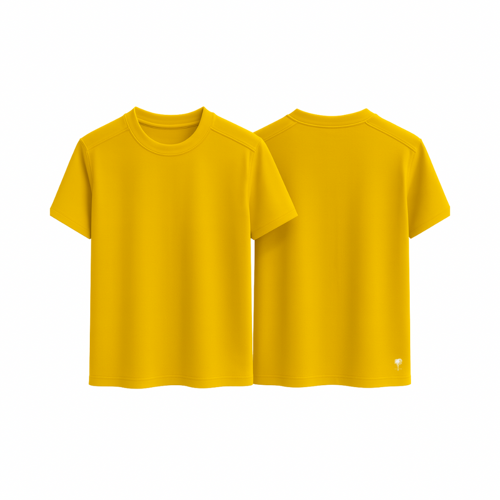 EasyFit™ Tee Classic in yellow — relaxed fit t-shirt with short sleeves, crew neckline, and minimal aesthetic, shown from front and back on a white background