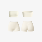 Beige ShapeMuse™ two-piece activewear set featuring a strapless bandeau crop top and high-waisted shorts.