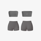 Gray ShapeMuse™ two-piece activewear set featuring a strapless bandeau crop top and high-waisted shorts.