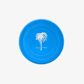 Blue natural rubber dog frisbee with The Palm logo on a white background