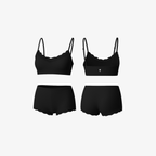 Black SoftEase™ two-piece loungewear set featuring a cami top with scalloped trim and matching high-waisted shorts, front and back view.
