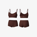 Chocolate brown SoftEase™ two-piece loungewear set featuring a cami top with scalloped trim and matching high-waisted shorts, front and back view.