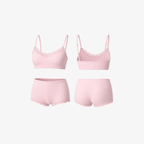 Soft pink SoftEase™ two-piece loungewear set featuring a cami top with scalloped trim and matching high-waisted shorts, front and back view.