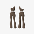 Front and back view of Cloud ribbed one-piece workout set in brown by The Palm