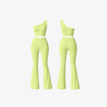 Front and back view of Cloud athletic flare jumpsuit in mint green by The Palm