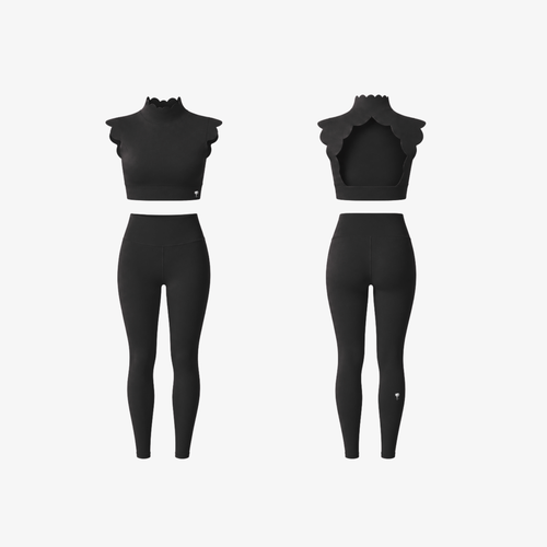 CloudPetal workout set in black featuring scallop trim crop top and high-waisted leggings by The Palm