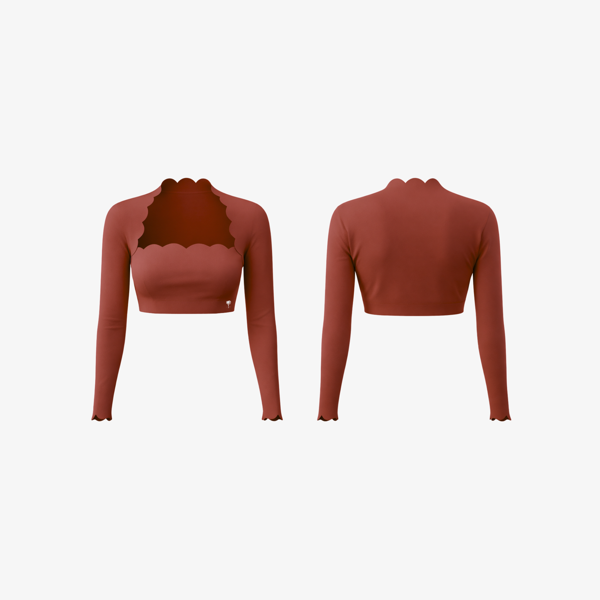 Front and back view of long sleeve compression gym crop top in brown by The Palm