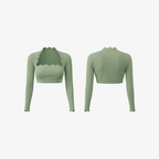 Front and back view of athletic long sleeve crop top in olive green by The Palm