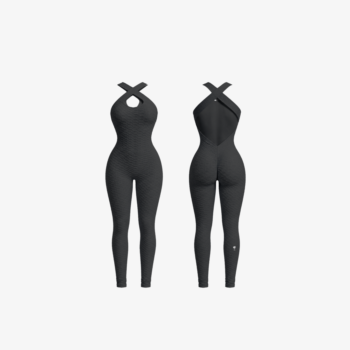 The Palm SculptBack Set textured one-piece athletic jumpsuit with criss-cross back in black front and back view