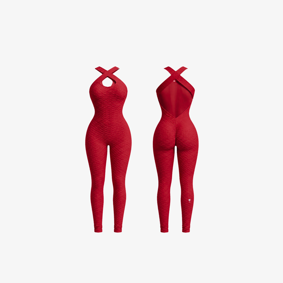 The Palm SculptBack Set full-length sculpting gym catsuit in deep red front and back view