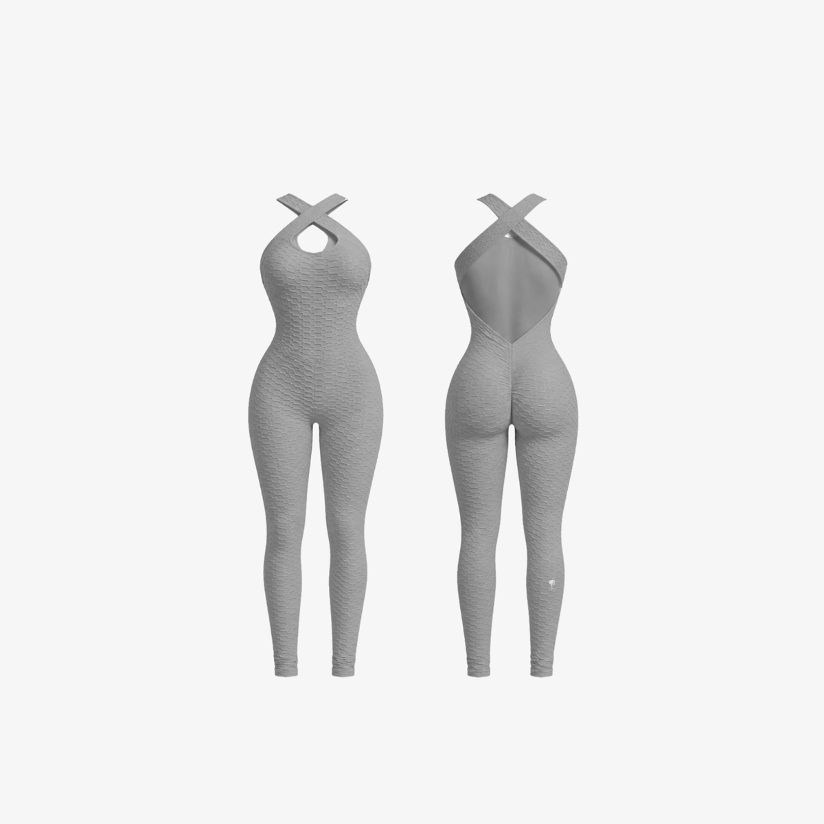The Palm SculptBack Set seamless athletic catsuit with open back detail in grey front and back view