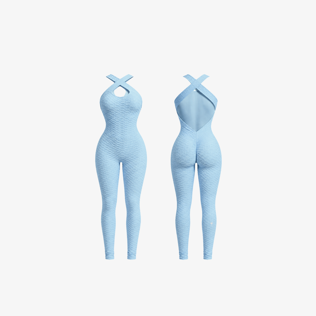 The Palm SculptBack Set pastel textured workout jumpsuit with crossover back in light blue front and back view
