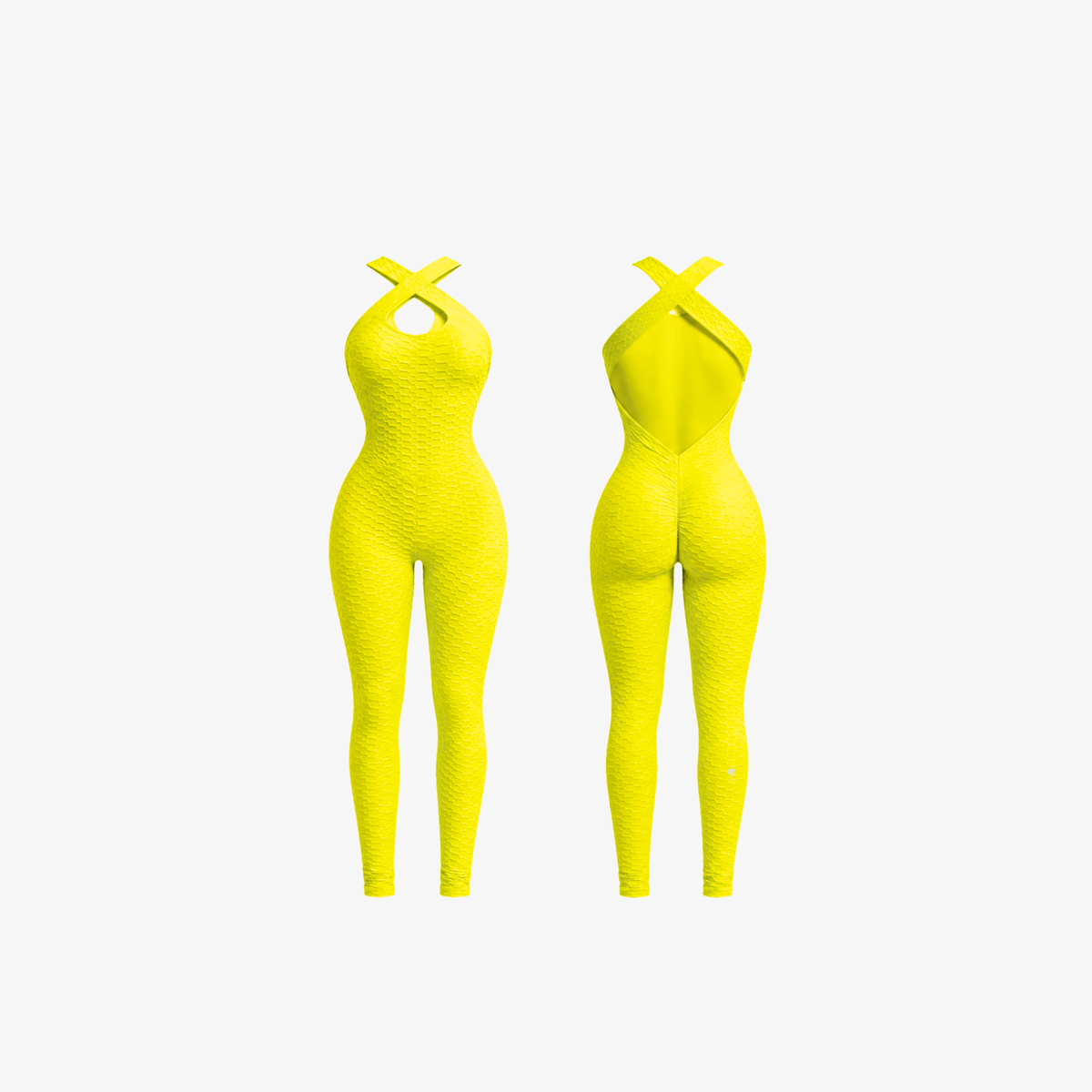 The Palm SculptBack Set bright textured one-piece yoga jumpsuit in yellow front and back view