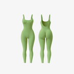 Green ShapeFlex™ ribbed sleeveless jumpsuit with open back and scrunch detailing.
