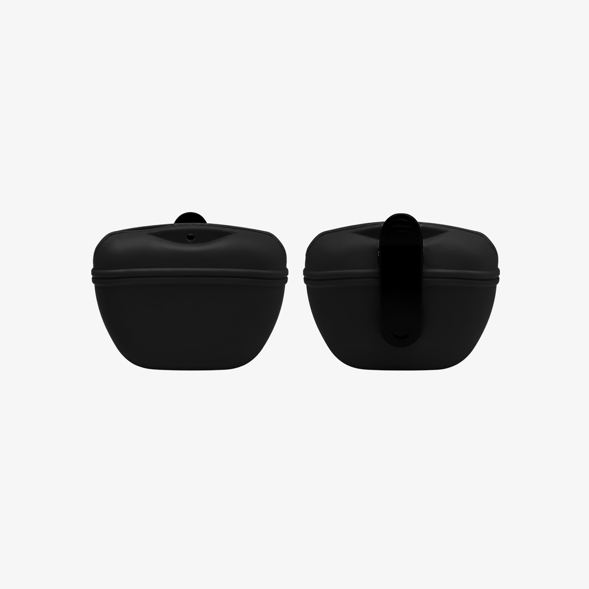 The Palm TreatPod Dog portable dog treat pouch with belt clip in black front and back view