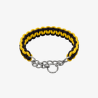 The Palm TwistRope™ two-tone braided dog collar in Black and Golden Mustard with premium nylon rope, durable steel slip chain, and an adjustable fit for medium and large dogs.