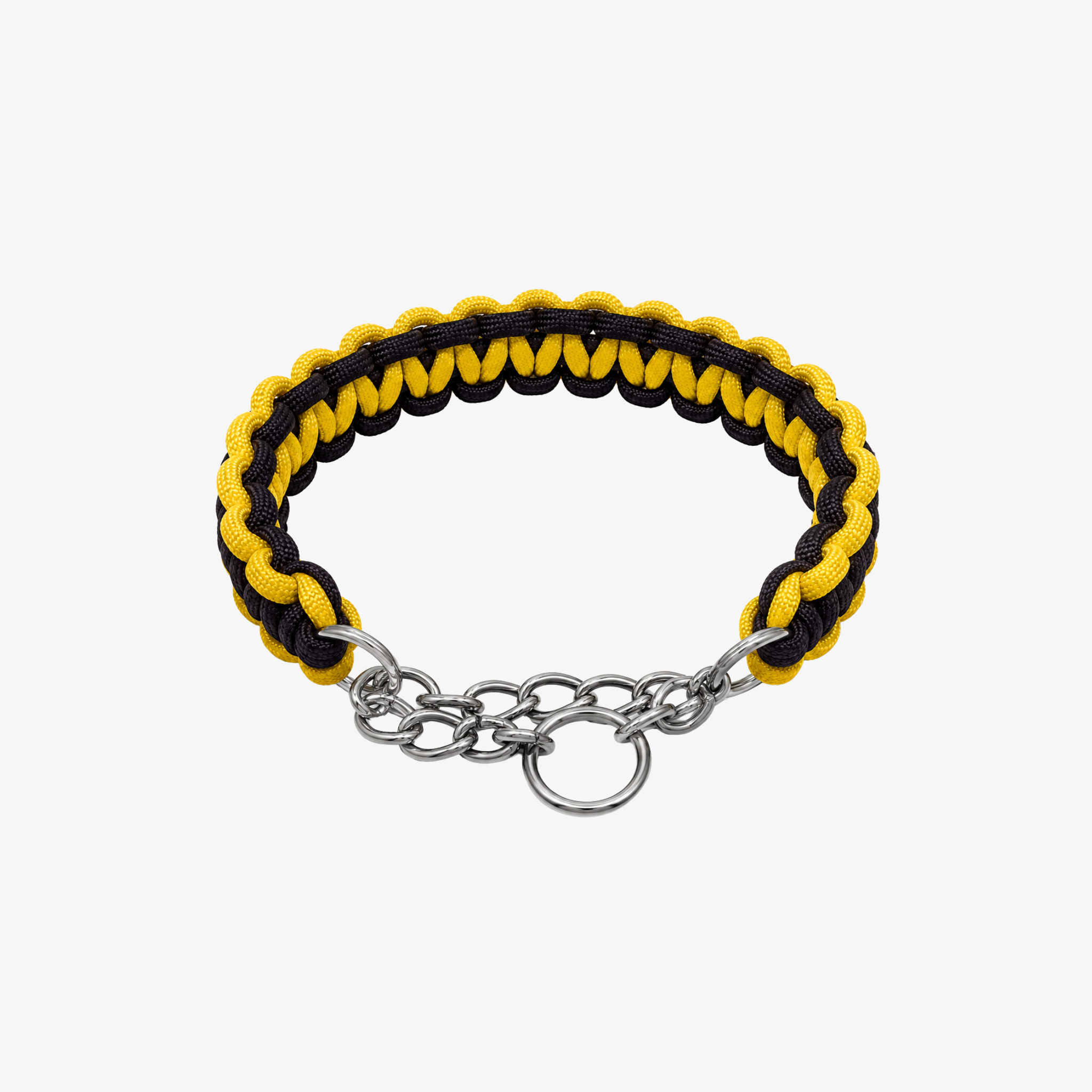 The Palm TwistRope™ two-tone braided dog collar in Black and Golden Mustard with premium nylon rope, durable steel slip chain, and an adjustable fit for medium and large dogs.