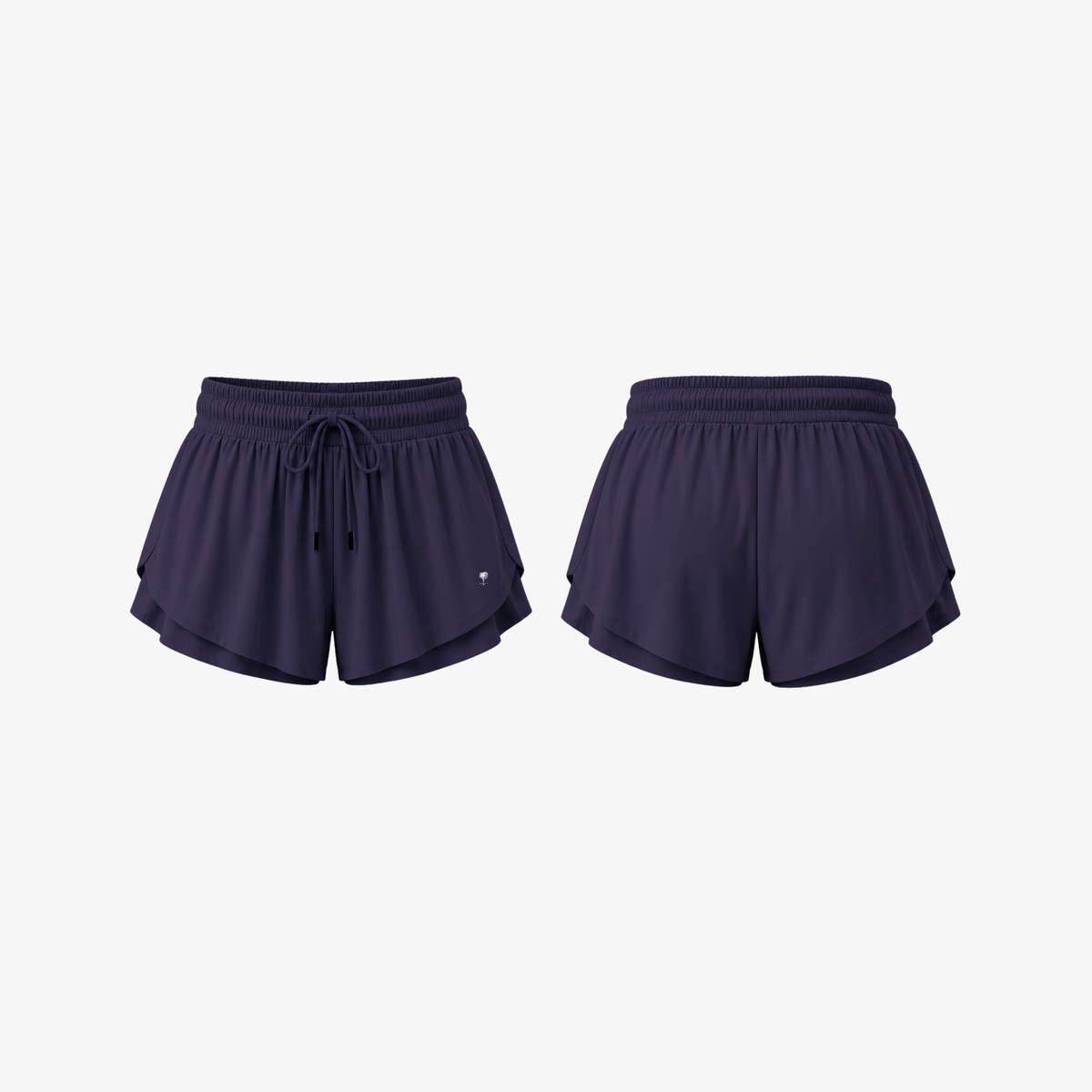 The Palm VividFlow Shorts quick drying workout shorts in purple front and back view