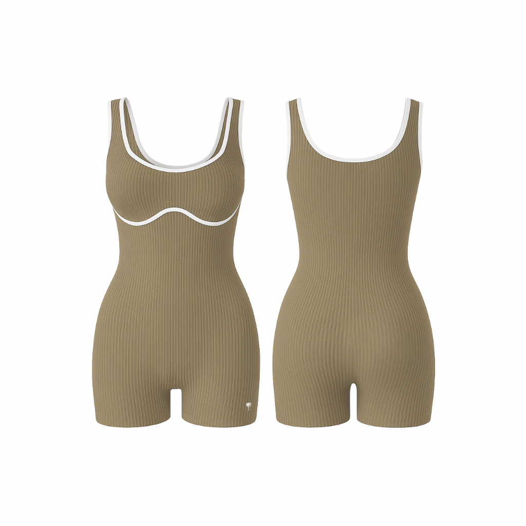 The Palm – BodyLinet™ Ribbed Bodysuit in beige. Sleek, sculpting one-piece with a ribbed texture and contrast trim, designed to contour the body and enhance natural curves. Ideal for layering or wearing solo, it combines support, style, and everyday versatility.
