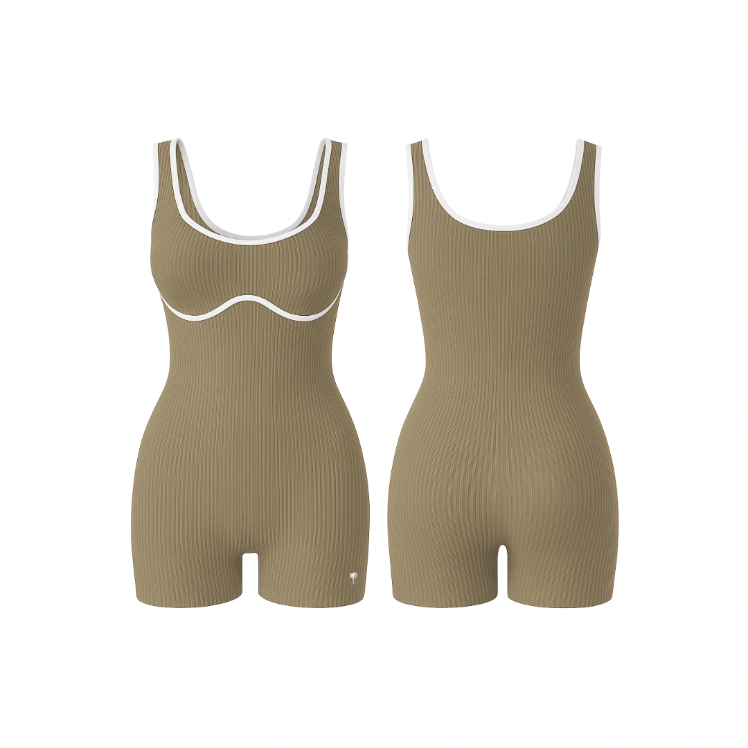 The Palm – BodyLinet™ Ribbed Bodysuit in beige. Sleek, sculpting one-piece with a ribbed texture and contrast trim, designed to contour the body and enhance natural curves. Ideal for layering or wearing solo, it combines support, style, and everyday versatility.
