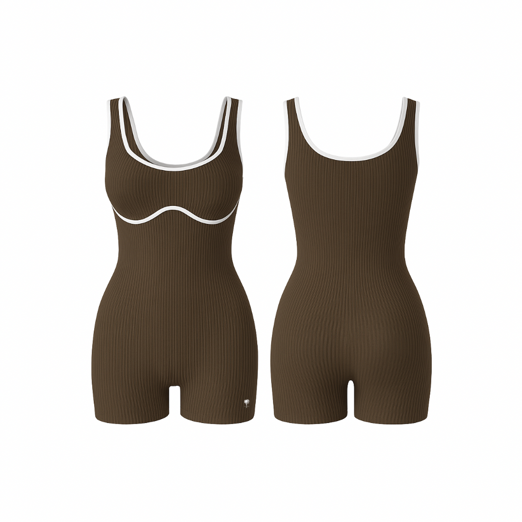 The Palm – BodyLinet™ Ribbed Bodysuit in brown. Sleek, sculpting one-piece with a ribbed texture and contrast trim, designed to contour the body and enhance natural curves. Ideal for layering or wearing solo, it combines support, style, and everyday versatility.
