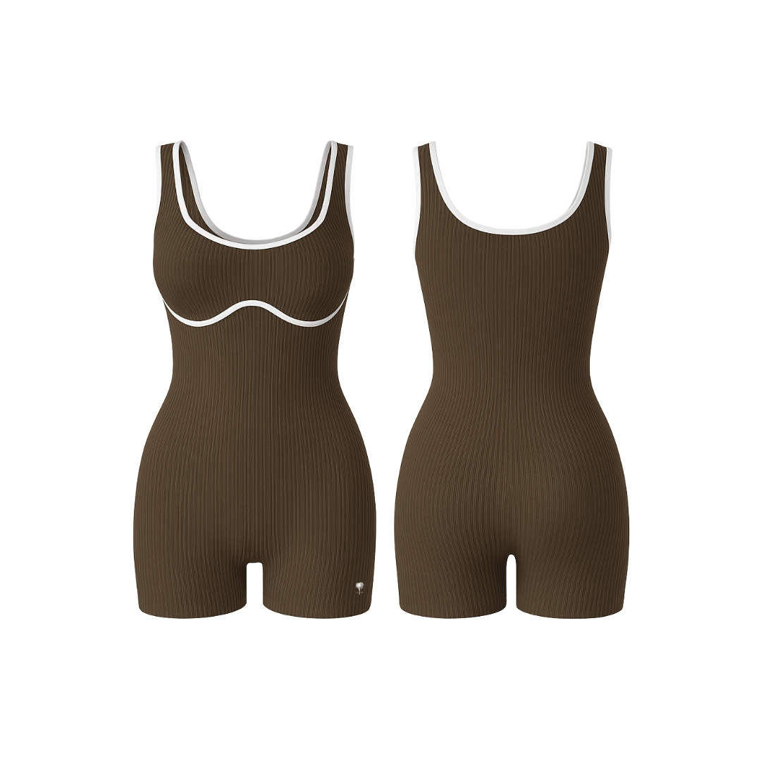The Palm – BodyLinet™ Ribbed Bodysuit in brown. Sleek, sculpting one-piece with a ribbed texture and contrast trim, designed to contour the body and enhance natural curves. Ideal for layering or wearing solo, it combines support, style, and everyday versatility.
