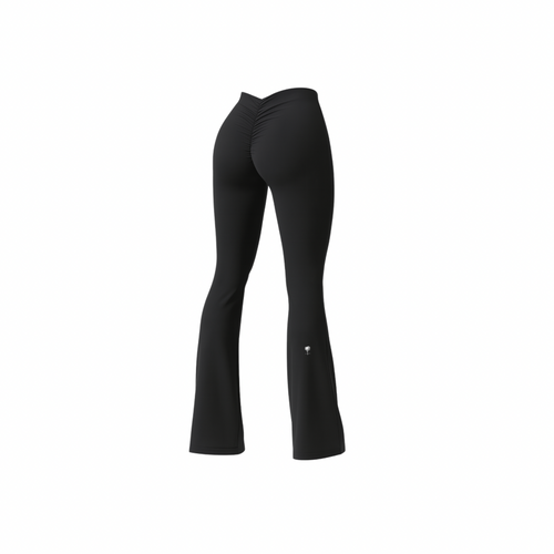 The Palm – BootyForm™ Flare in black. Sculpting high-waist leggings with scrunch detail and flared hem, designed to contour curves, elongate the legs and blend studio performance with everyday statement style.