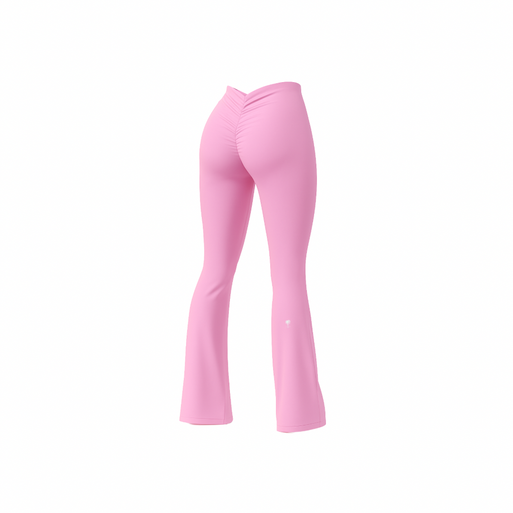 The Palm – BootyForm™ Flare Leggings in pink. High-rise flared leggings with scrunch back seam to accentuate curves, sculpting stretch fabric and playful color for studio-to-street style.