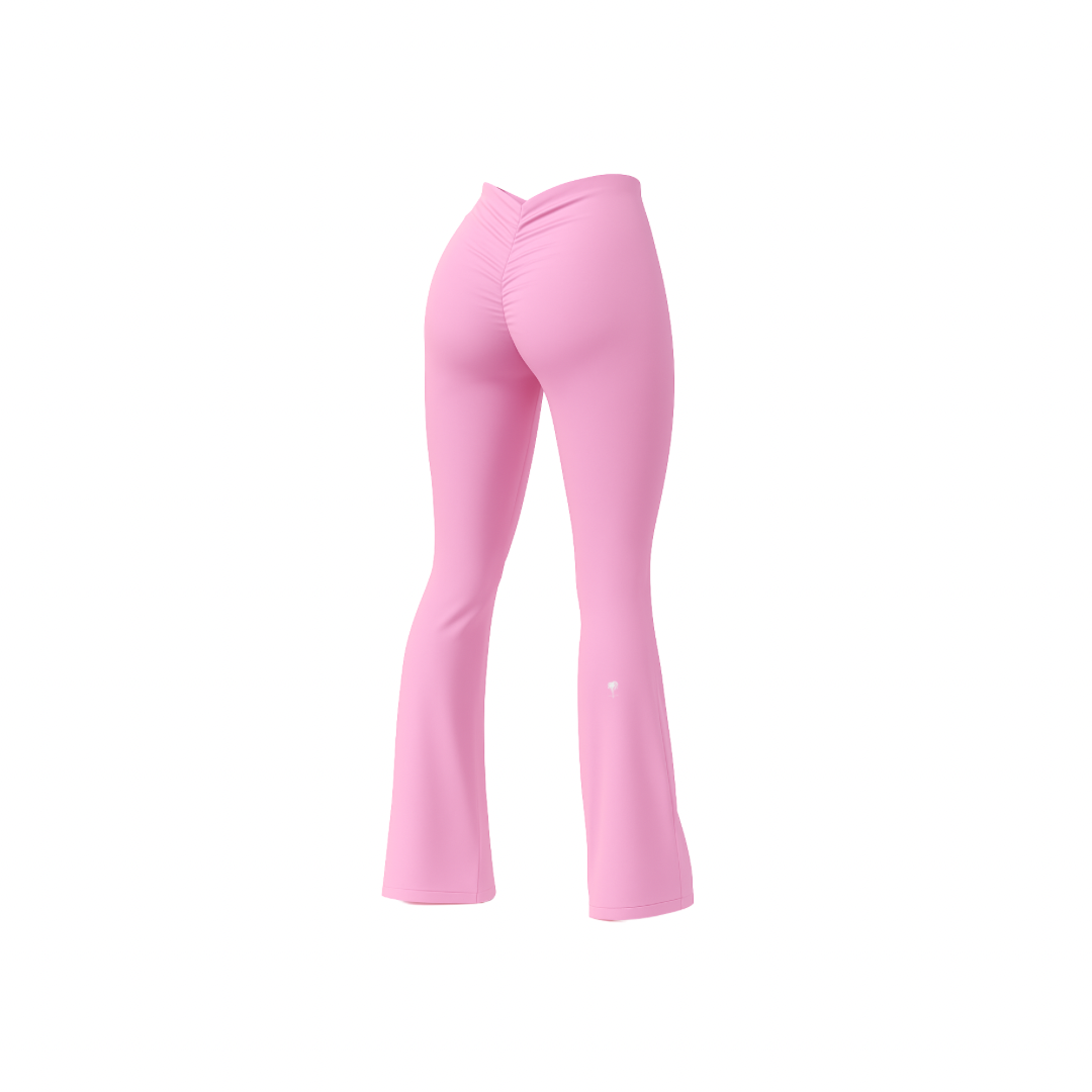 The Palm – BootyForm™ Flare Leggings in pink. High-rise flared leggings with scrunch back seam to accentuate curves, sculpting stretch fabric and playful color for studio-to-street style.