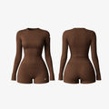 Rich chocolate brown long sleeve activewear top and shorts set with sculpting fit.