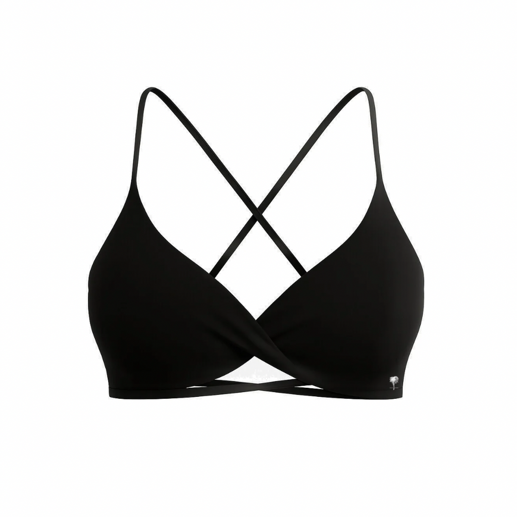 The Palm – CrossFlex™ Bra in black. Minimalist scoop-neck design with cross-front and criss-cross back straps for a secure, sculpting fit.