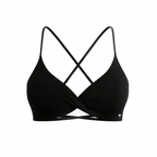 The Palm – CrossFlex™ Bra in black. Minimalist scoop-neck design with cross-front and criss-cross back straps for a secure, sculpting fit.