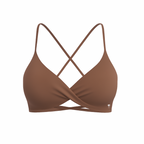 The Palm – CrossFlex™ Bra in brown. Sleek scoop neckline with criss-cross straps and wrap front detail, designed for flexible support and a flattering fit.