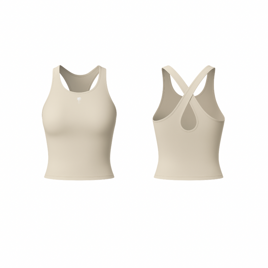 The Palm – CrossForm™ Sculpt Tank in beige. Seamless, second-skin fabric with a sculpting racerback design and teardrop back cutout for a flattering, flexible fit.