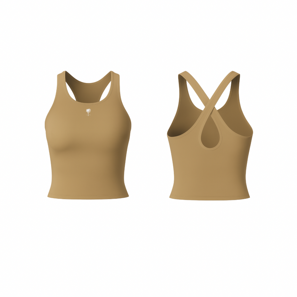 The Palm – CrossForm™ Sculpt Tank in mustard yellow. Seamless, second-skin fabric with a sculpting racerback design and teardrop back cutout, combining flexibility and a flattering fit.
