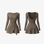 Brown long-sleeve dress with a tie detail on a white background.
The Palm DrapeFit™ Wrap Romper in Espresso. A sculpting activewear romper featuring a feminine wrap-skirt detail, built-in long, and a flattering silhouette designed for movement and everyday confidence.