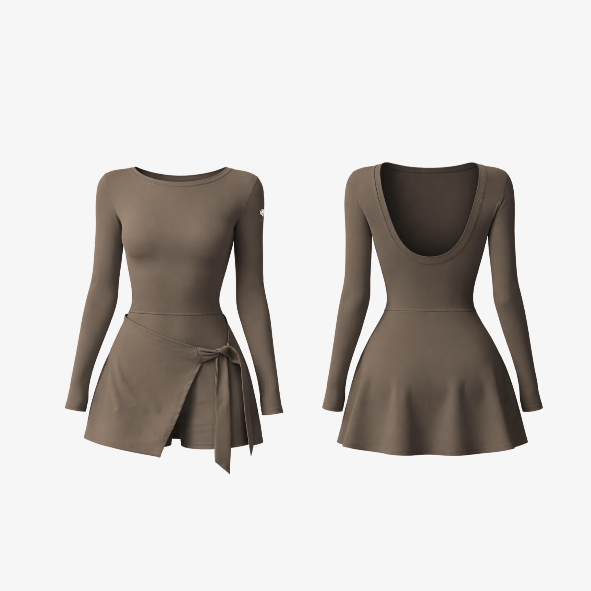 Brown long-sleeve dress with a tie detail on a white background.
The Palm DrapeFit™ Wrap Romper in Espresso. A sculpting activewear romper featuring a feminine wrap-skirt detail, built-in long, and a flattering silhouette designed for movement and everyday confidence.
