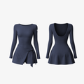 The Palm SculptWrap™ Long Set in Dark Blue, a fitted long-sleeve activewear one-piece with a feminine wrap-skirt silhouette.